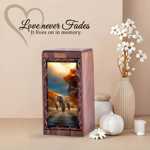 Wildlife Elephant Memorial Cremation Urn - Wooden Keepsake Urn Box For Adults