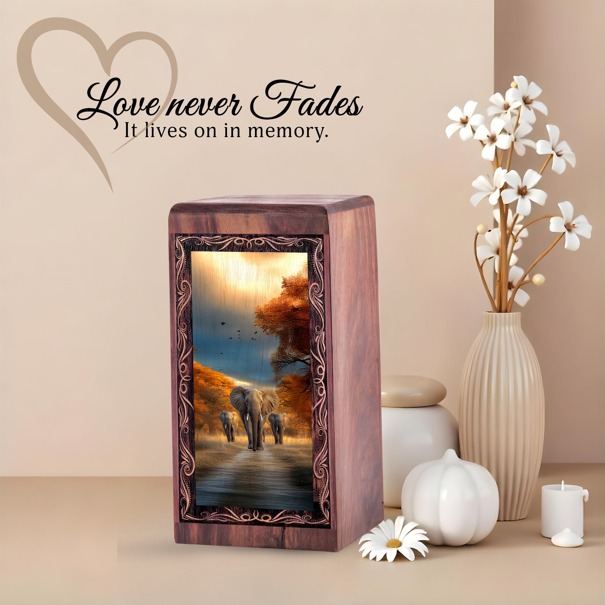 Wildlife Elephant Memorial Cremation Urn - Wooden Keepsake Urn Box For Adults