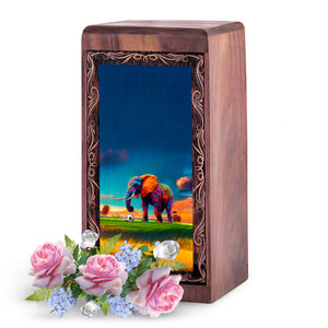 Modern Elephant Art Theme Urn - Wooden Urn Box For Human Ashes Adult