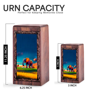Modern Elephant Art Theme Urn - Wooden Urn Box For Human Ashes Adult