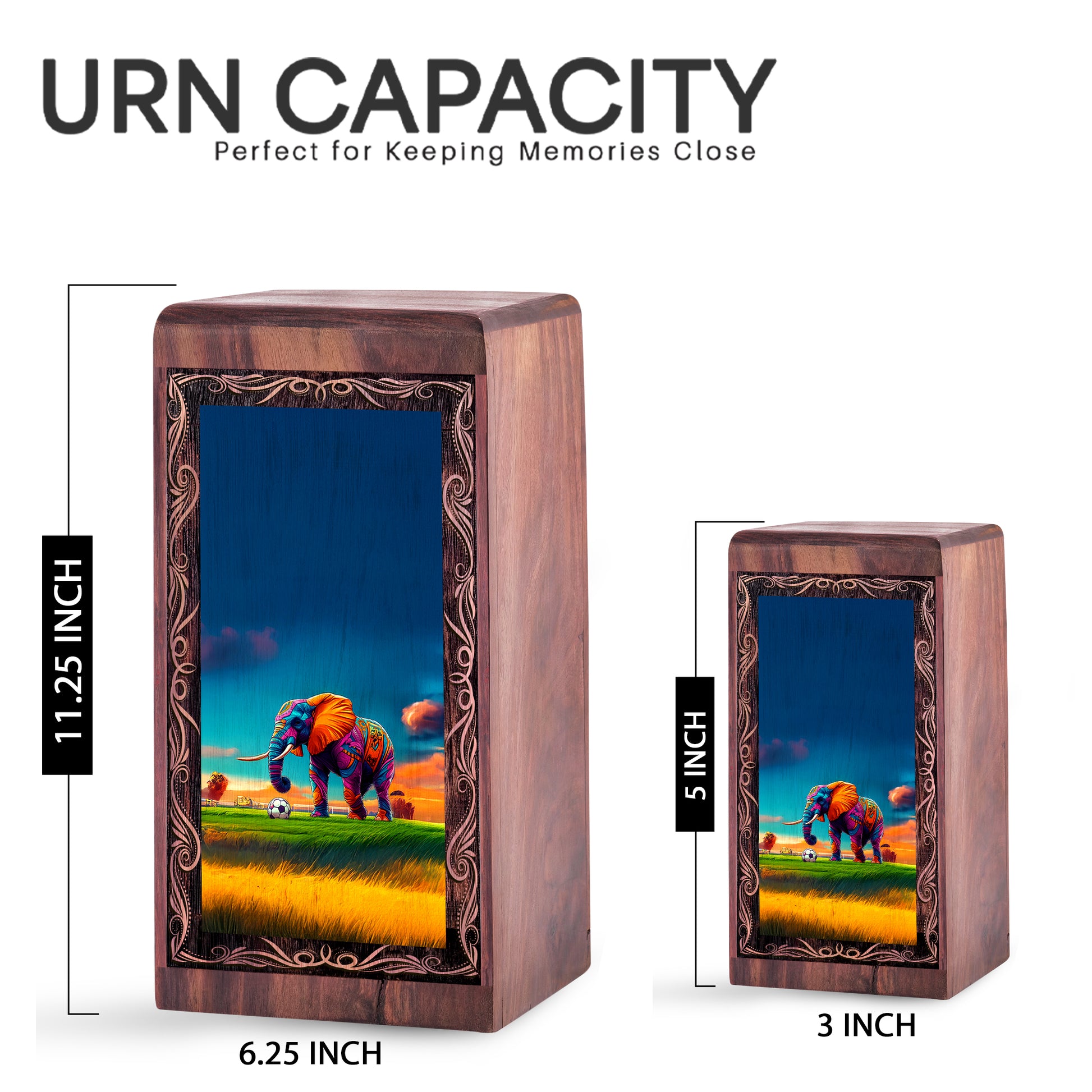 Modern Elephant Art Theme Urn - Wooden Urn Box For Human Ashes Adult