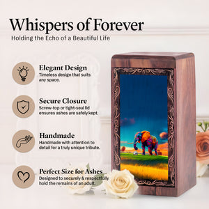 Modern Elephant Art Theme Urn - Wooden Urn Box For Human Ashes Adult