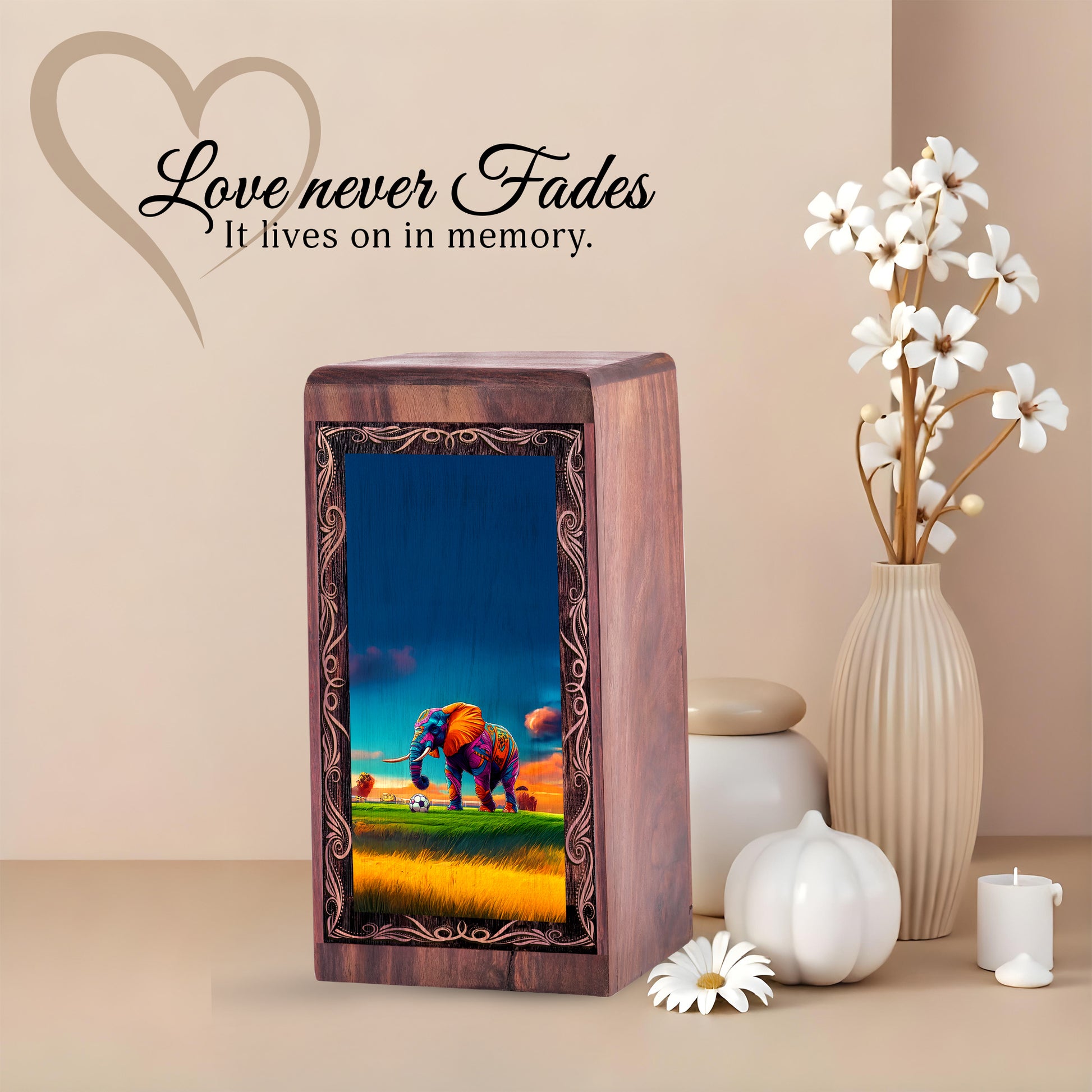 Modern Elephant Art Theme Urn - Wooden Urn Box For Human Ashes Adult