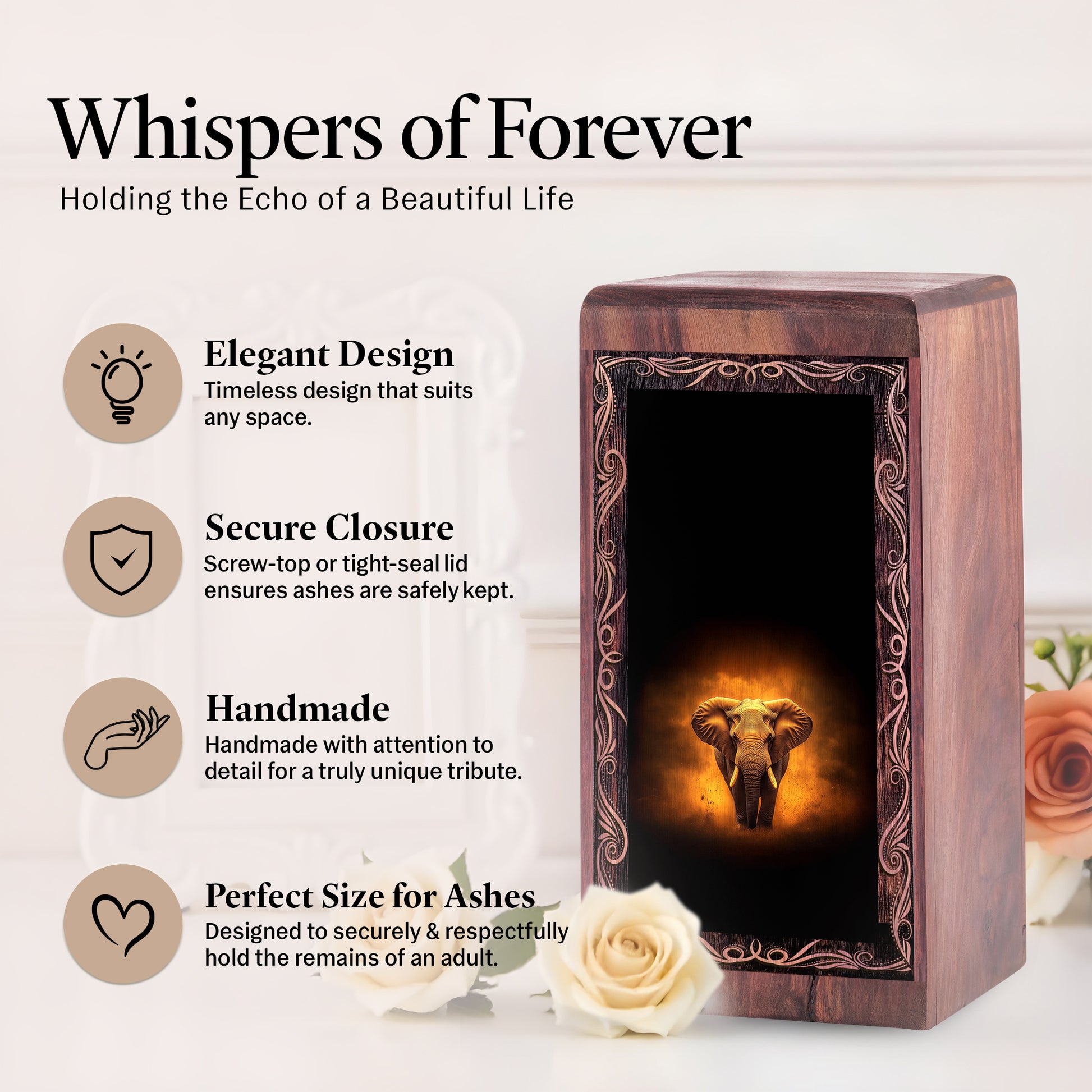 Elephant Soul Theme Cremation Urn - Wooden Cremation Box For Ashes