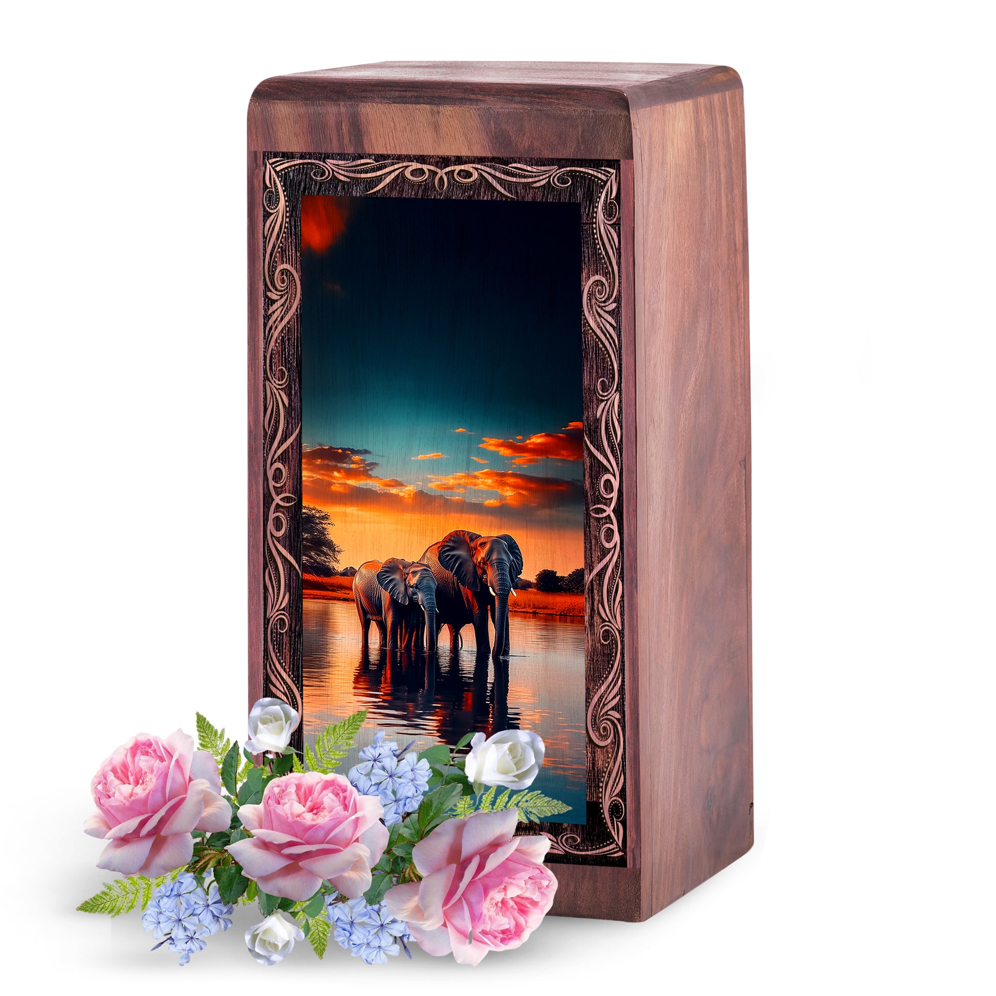 Elephat Handmade Wooden Memorial Box - Sunset Elephant Theme Urn For Male