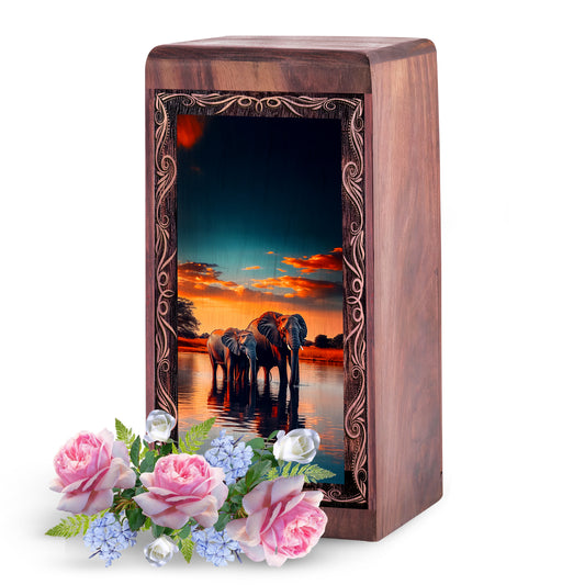 Elephat Handmade Wooden Memorial Box - Sunset Elephant Theme Urn For Male