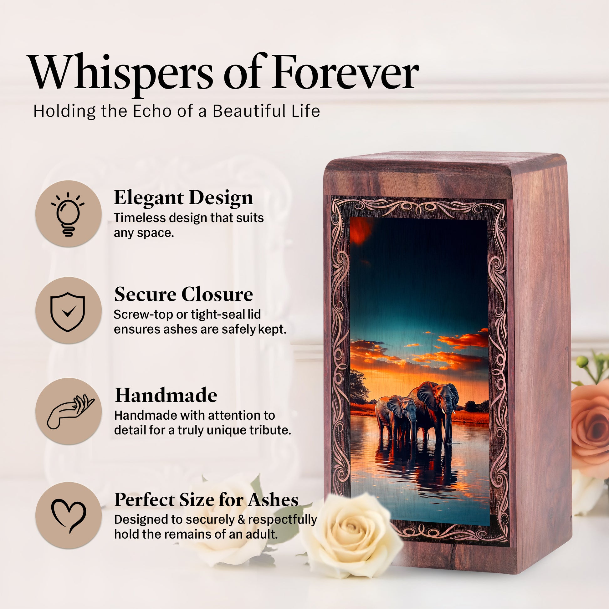 Elephat Handmade Wooden Memorial Box - Sunset Elephant Theme Urn For Male