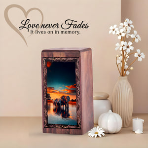 Elephat Handmade Wooden Memorial Box - Sunset Elephant Theme Urn For Male