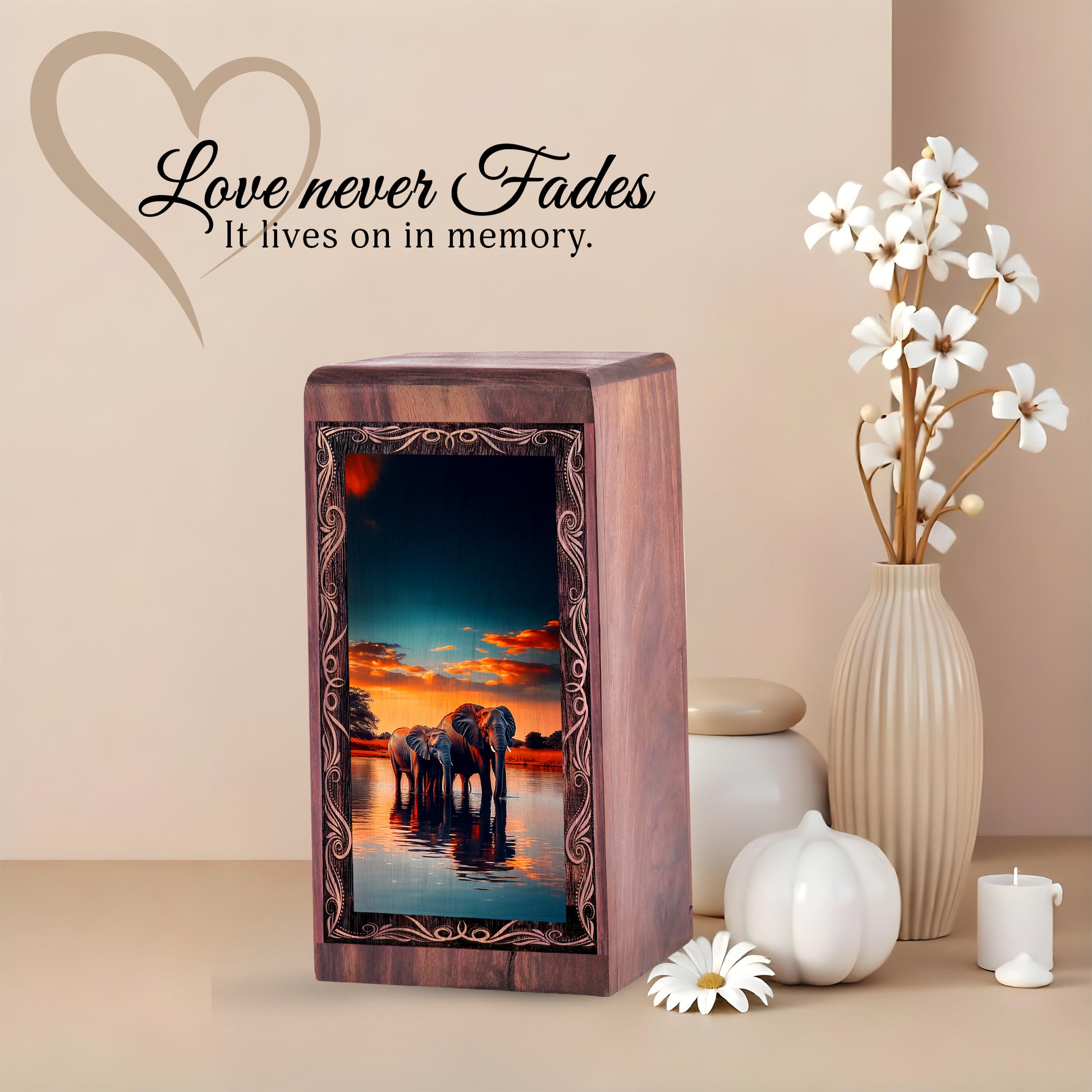 Elephat Handmade Wooden Memorial Box - Sunset Elephant Theme Urn For Male