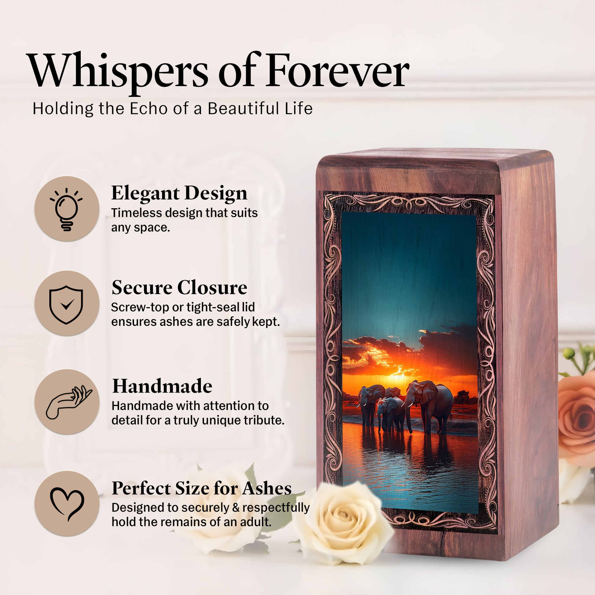 Premium Handmade Elephant Urn For Ashes - Elephant Sunset Reflection Urn For Female