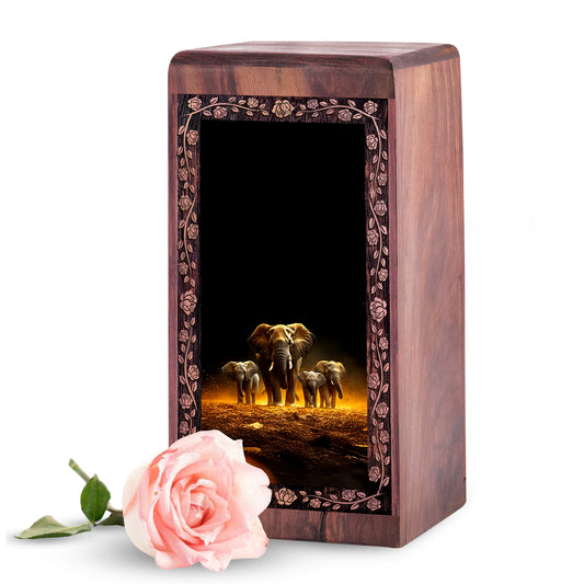 Golden Glow Wood Urns For Human Ashes - Elephant Spirit Memorial Urn Box