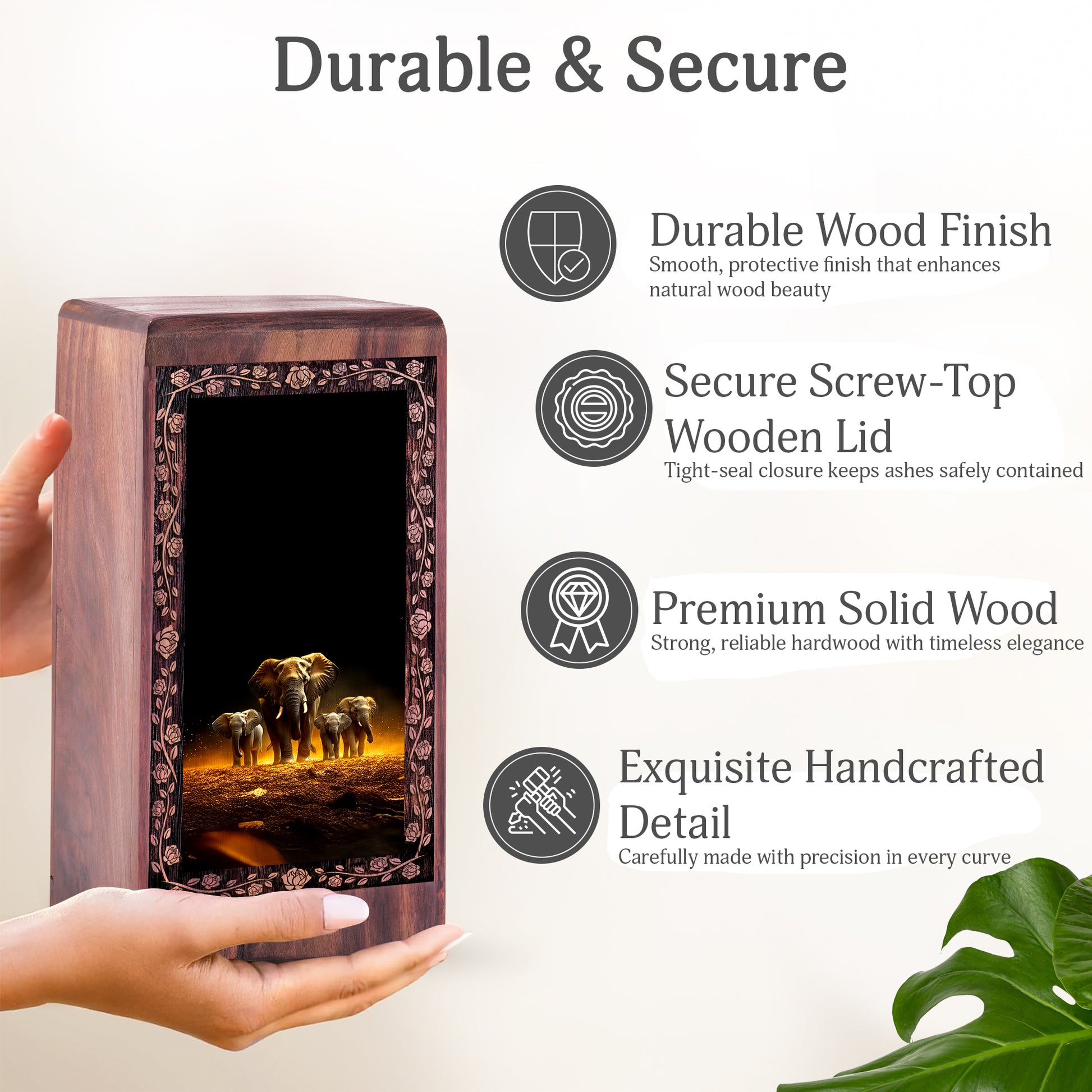 Golden Glow Wood Urns For Human Ashes - Elephant Spirit Memorial Urn Box