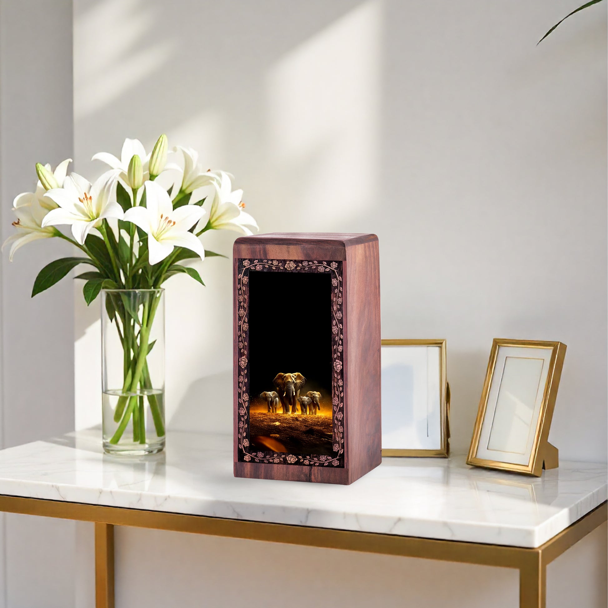 Golden Glow Wood Urns For Human Ashes - Elephant Spirit Memorial Urn Box