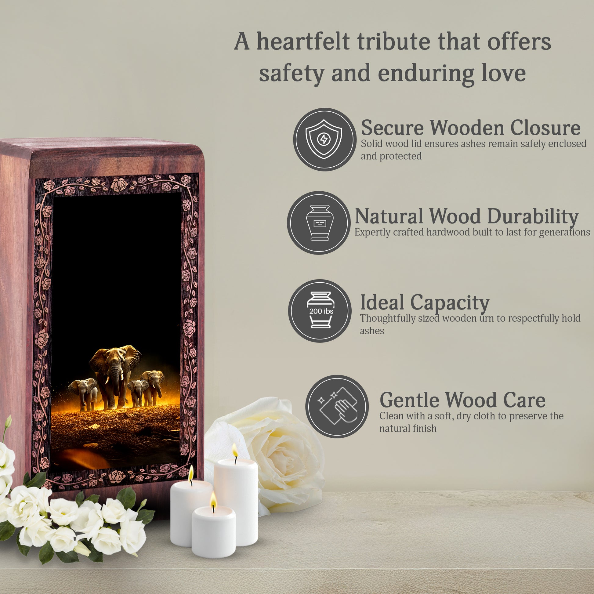 Golden Glow Wood Urns For Human Ashes - Elephant Spirit Memorial Urn Box