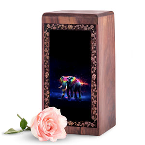 Decorative Elephant Wooden Urn Box - Colorful Elephant Theme Funeral Urn