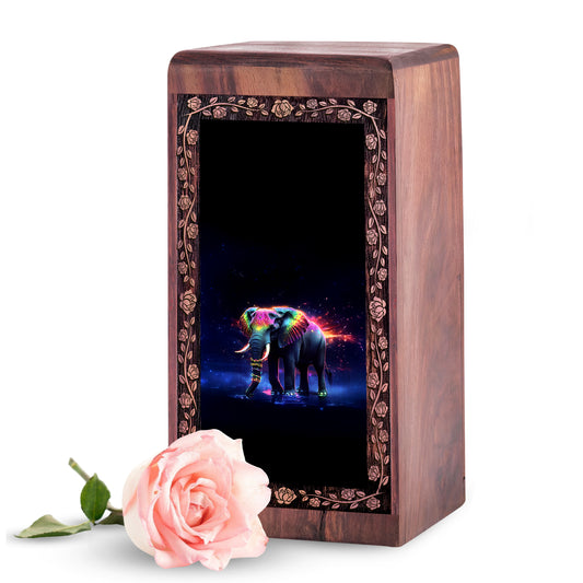 Decorative Elephant Wooden Urn Box - Colorful Elephant Theme Funeral Urn
