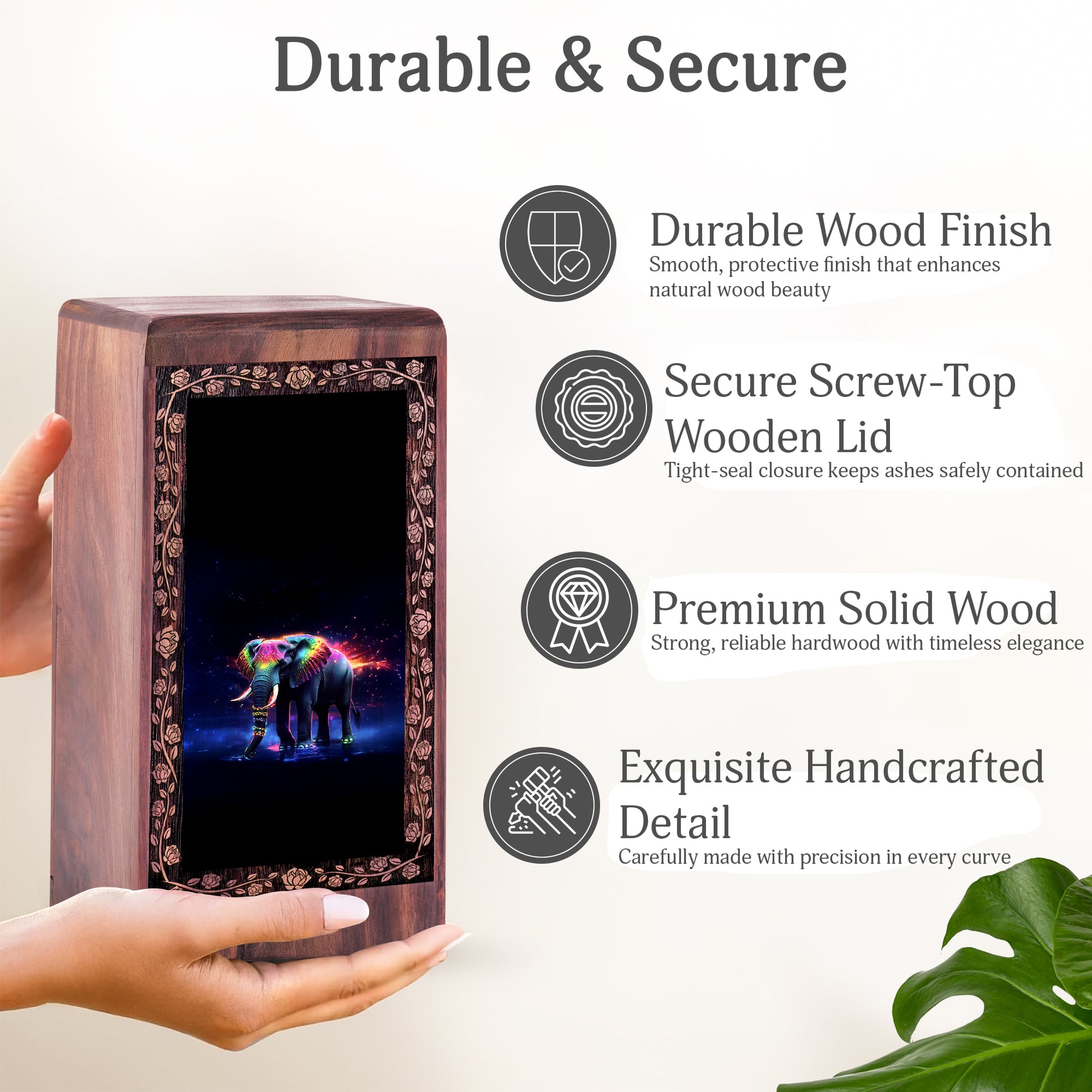 Decorative Elephant Wooden Urn Box - Colorful Elephant Theme Funeral Urn