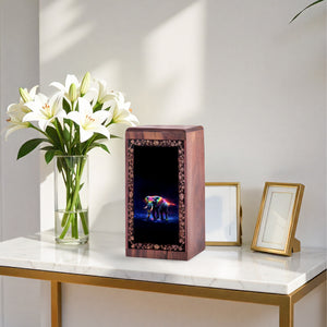 Decorative Elephant Wooden Urn Box - Colorful Elephant Theme Funeral Urn