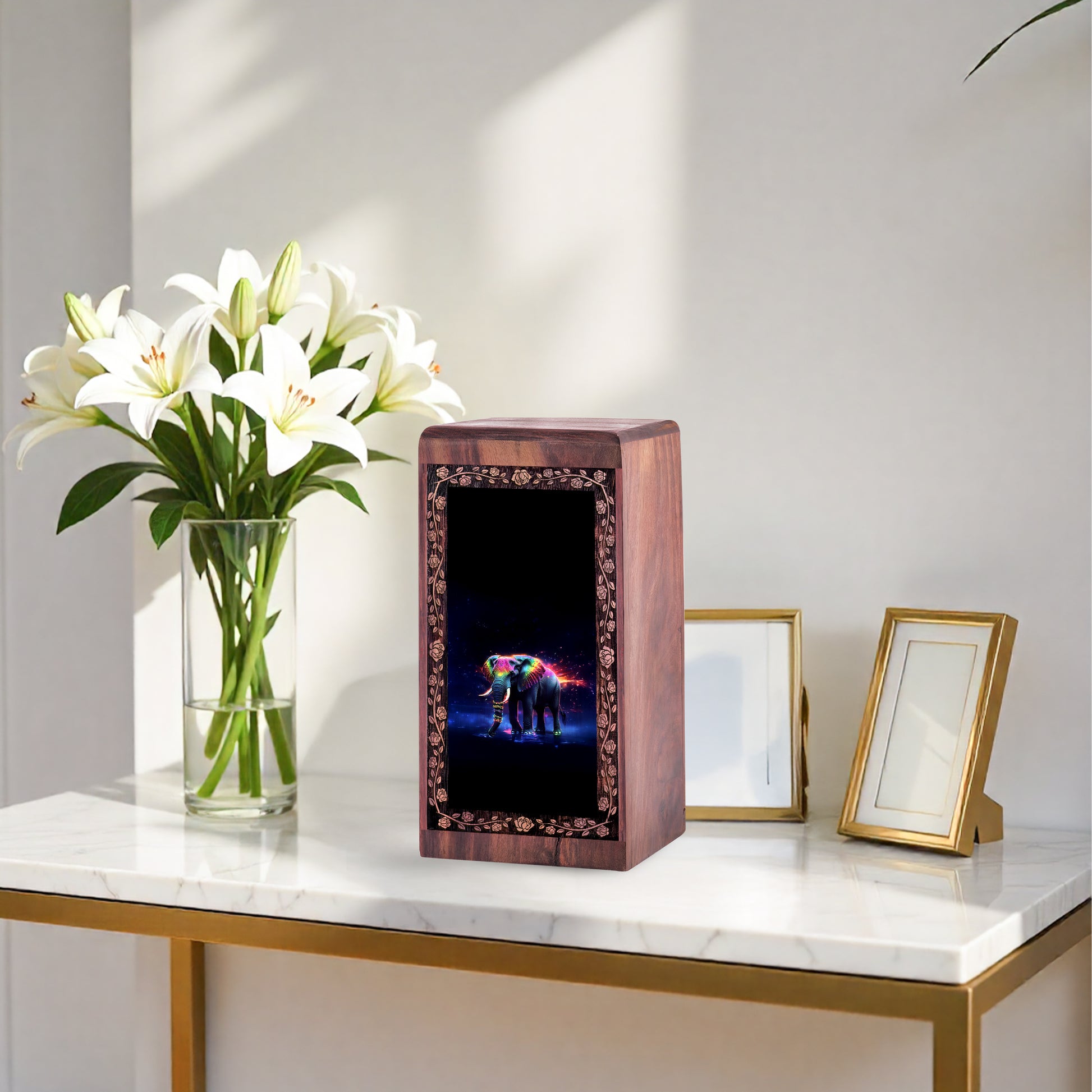 Decorative Elephant Wooden Urn Box - Colorful Elephant Theme Funeral Urn