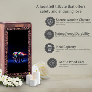 Decorative Elephant Wooden Urn Box - Colorful Elephant Theme Funeral Urn