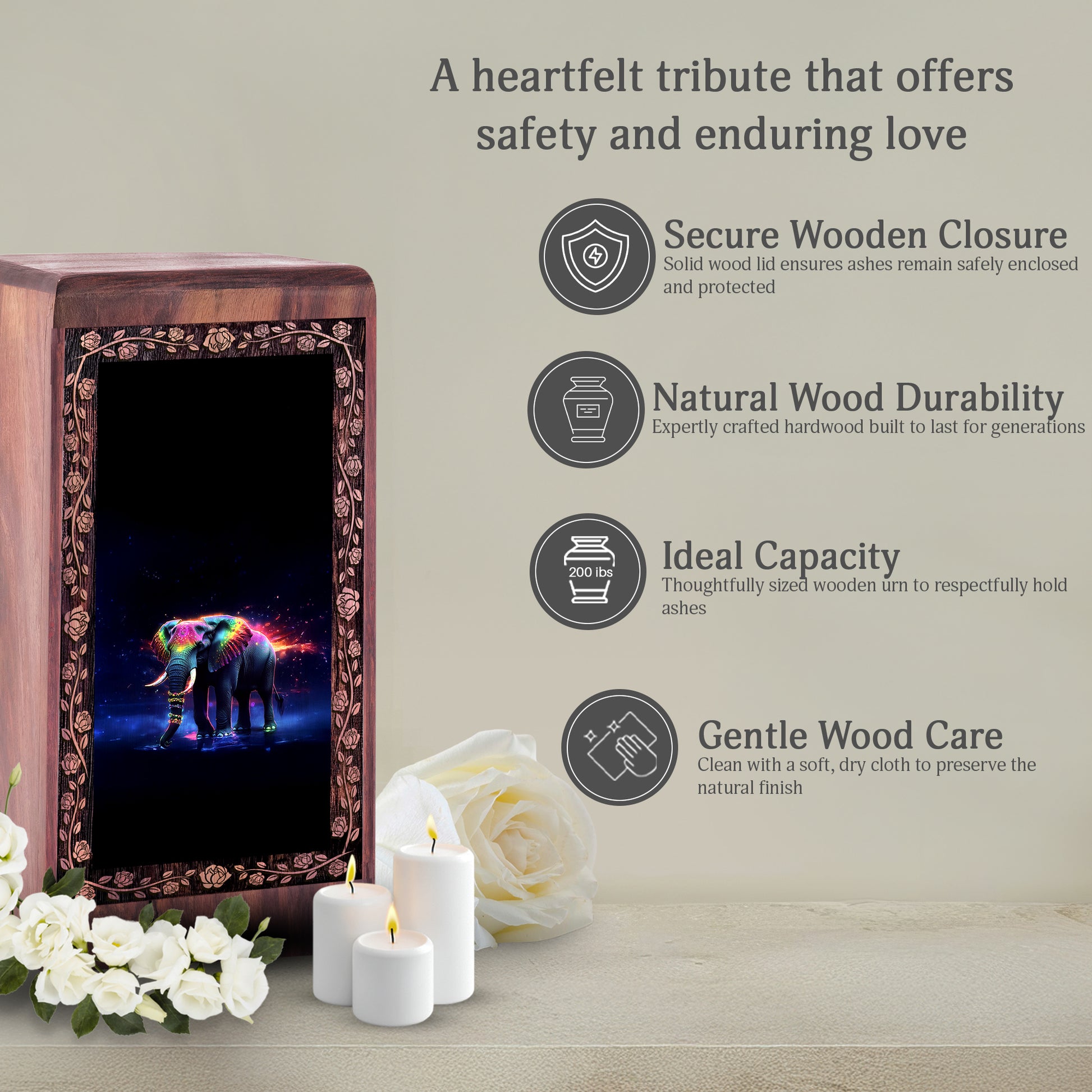Decorative Elephant Wooden Urn Box - Colorful Elephant Theme Funeral Urn