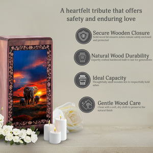Elephant Sunset Theme Memorial - Large Wooden Box For Mom & Dad