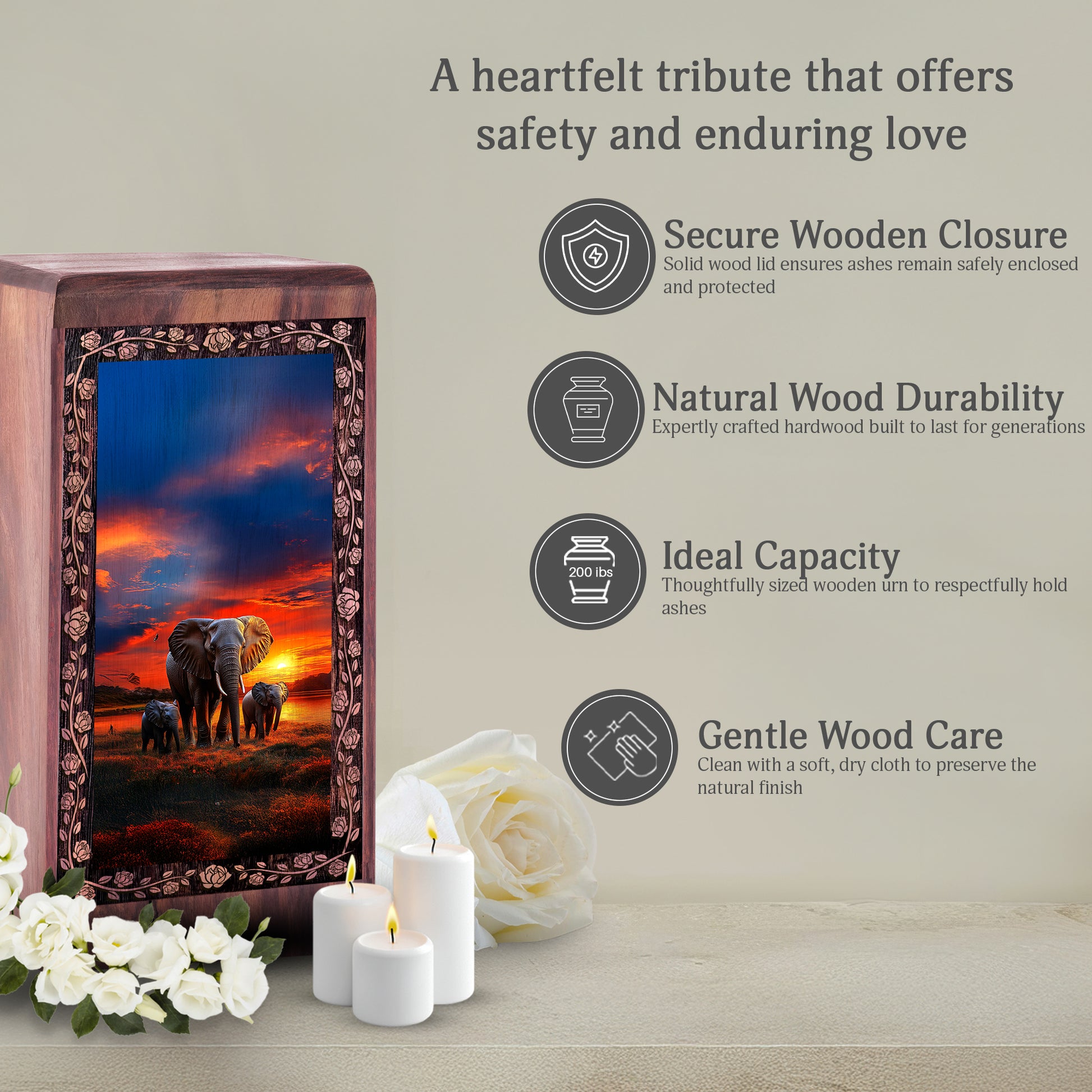 Elephant Sunset Theme Memorial - Large Wooden Box For Mom & Dad