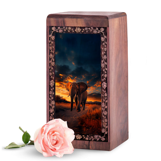 Elephant Walking Sunset Urn Box - Wooden Funeral Cremation Urn For Ashes