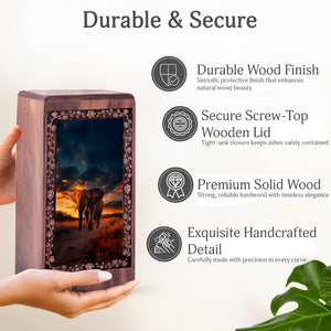 Elephant Walking Sunset Urn Box - Wooden Funeral Cremation Urn For Ashes