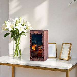 Elephant Walking Sunset Urn Box - Wooden Funeral Cremation Urn For Ashes