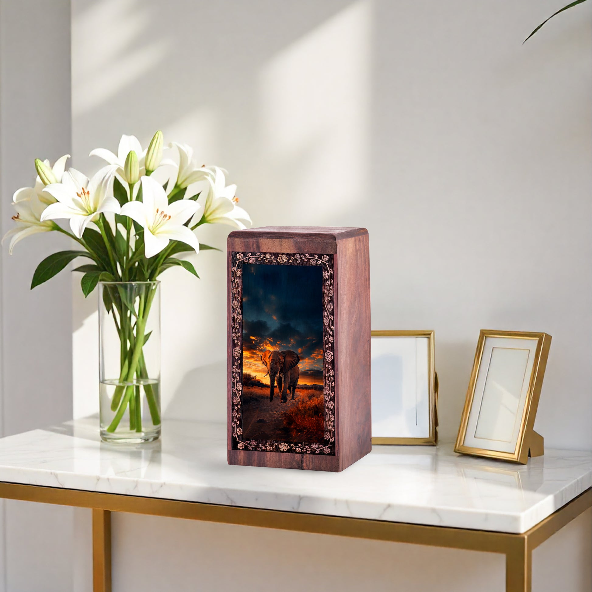 Elephant Walking Sunset Urn Box - Wooden Funeral Cremation Urn For Ashes