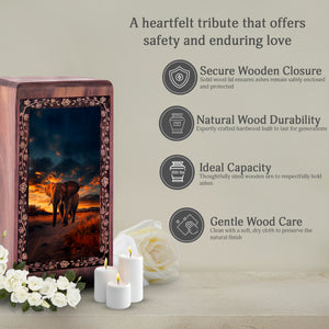 Elephant Walking Sunset Urn Box - Wooden Funeral Cremation Urn For Ashes