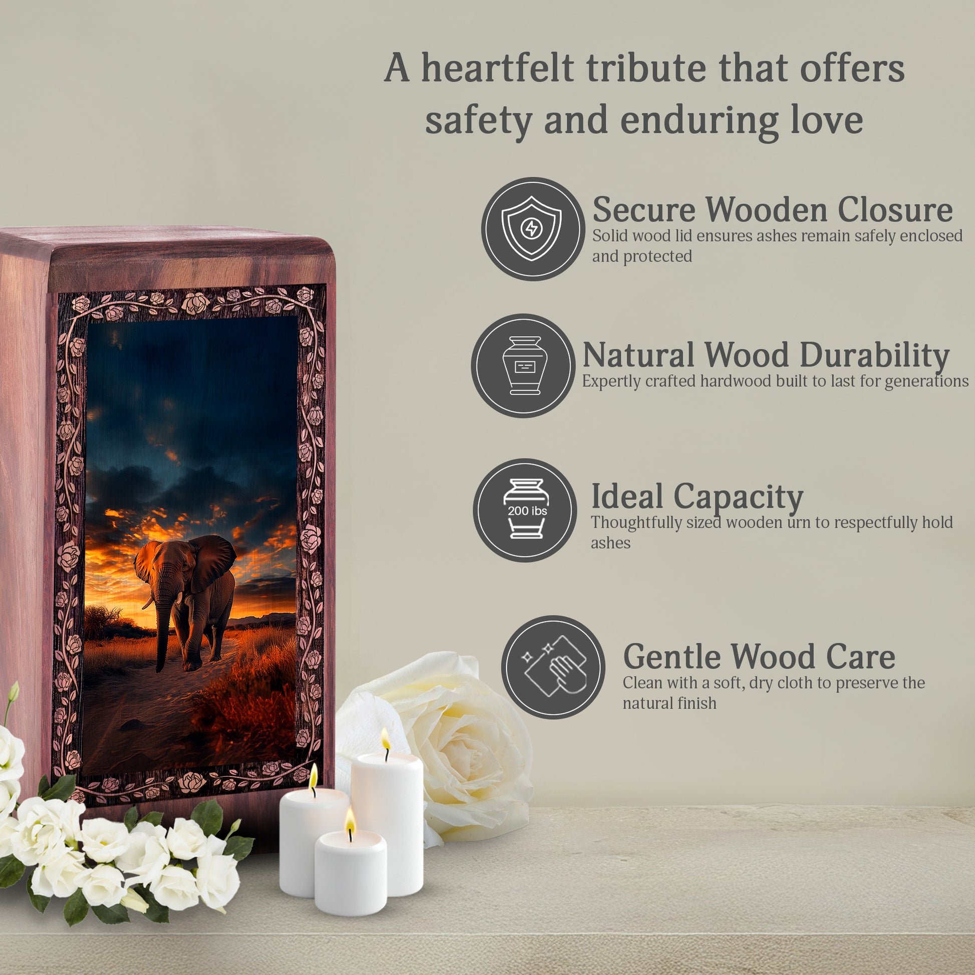 Elephant Walking Sunset Urn Box - Wooden Funeral Cremation Urn For Ashes