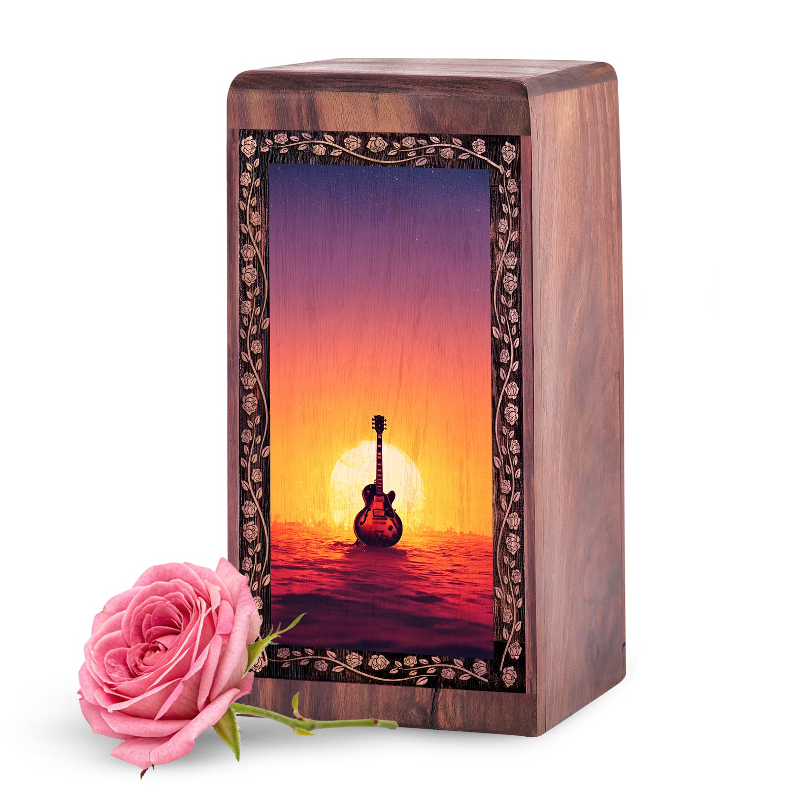 Wooden Guitar Urn for Ashes - Sunset Theme Memorial Urns For Men