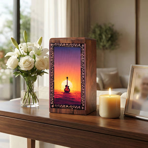 Wooden Guitar Urn for Ashes - Sunset Theme Memorial Urns For Men