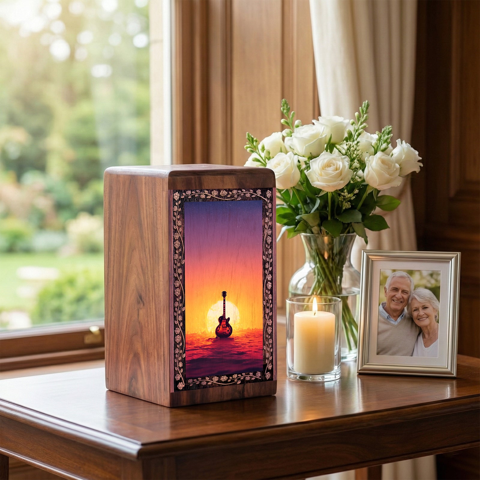 Wooden Guitar Urn for Ashes - Sunset Theme Memorial Urns For Men
