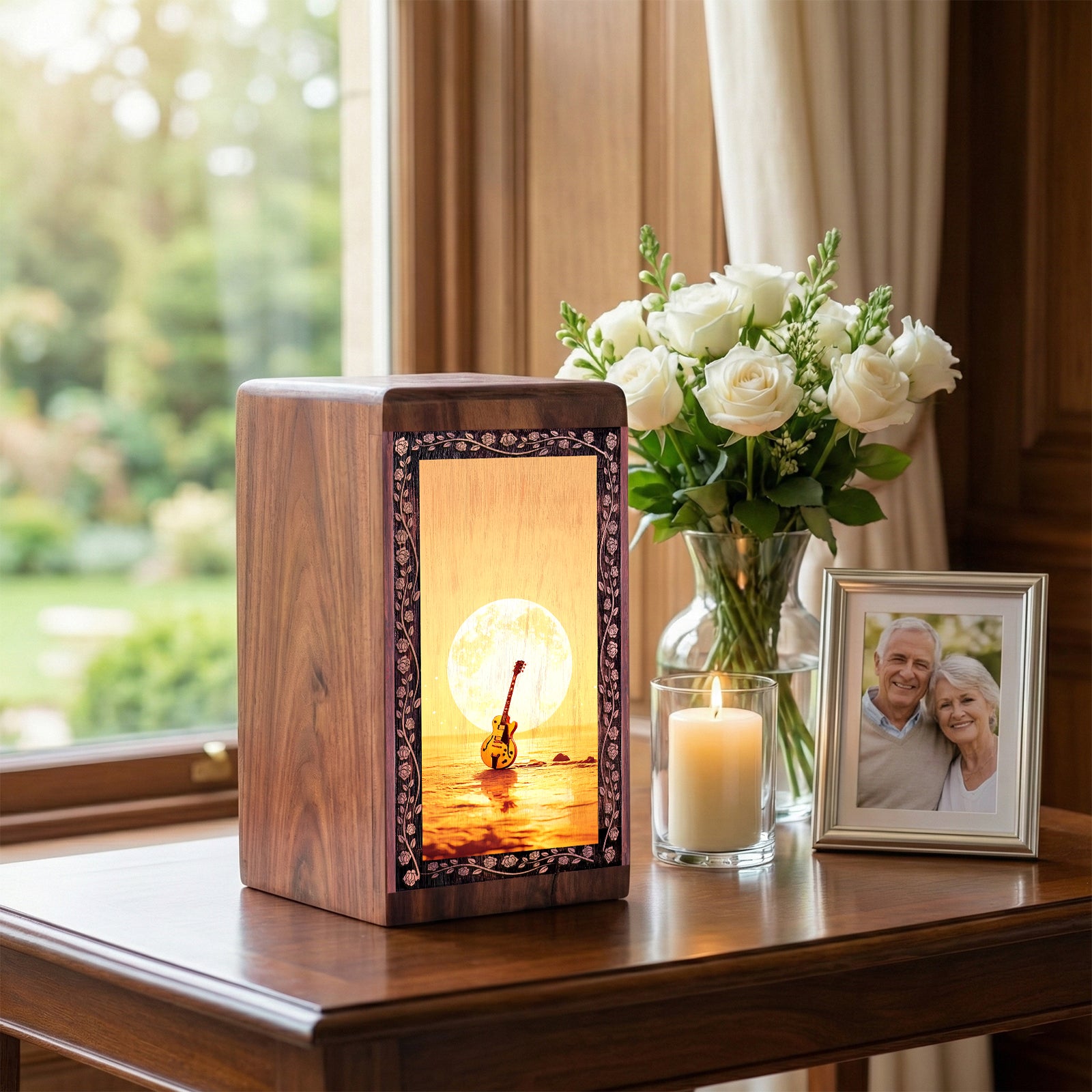 Guitar Memorial Urn for Musician - Cremation Urn With Moonlite Ocean Theme