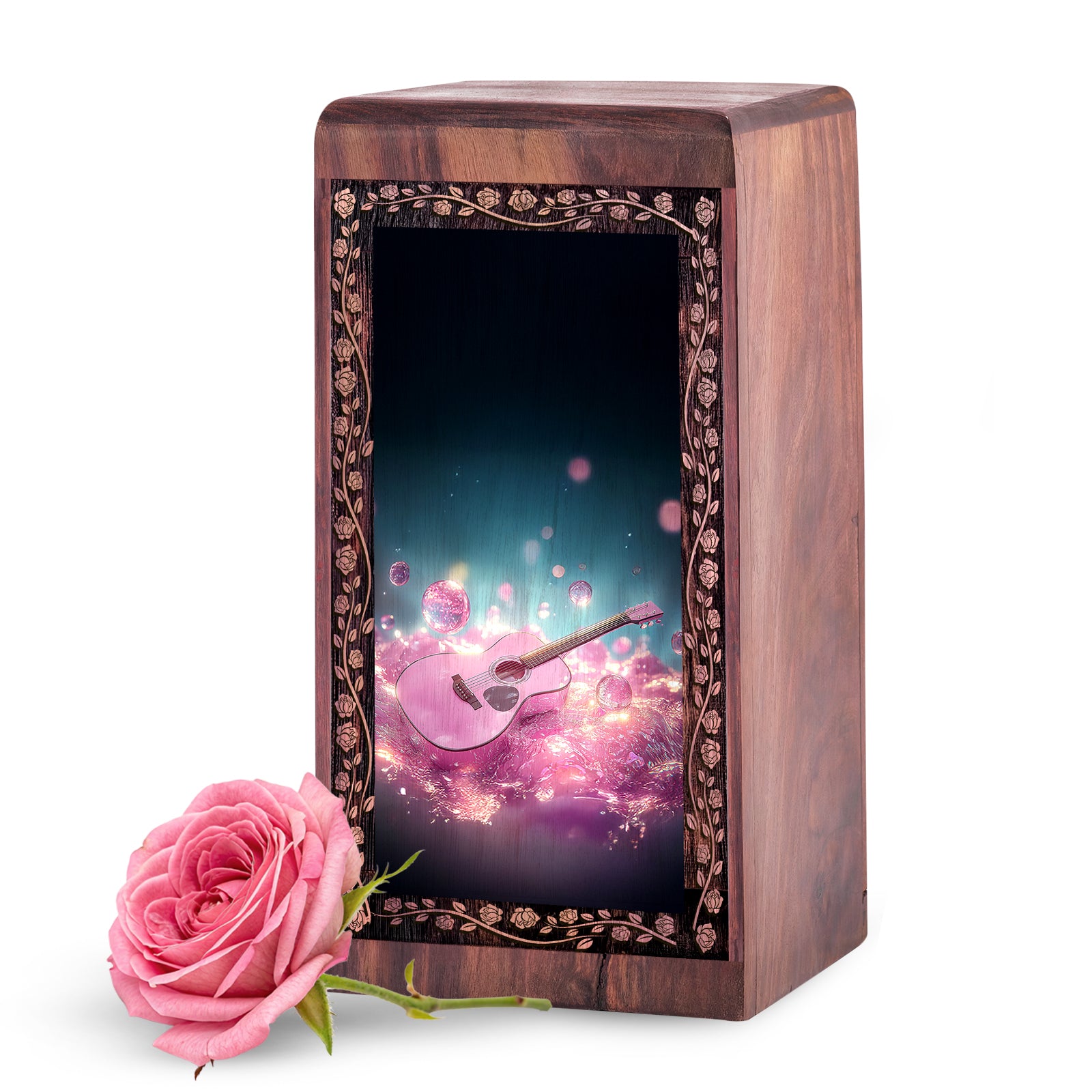 Handcrafted Wood Urn - Whimsical Guitar Theme Memorial Box Urn For Women