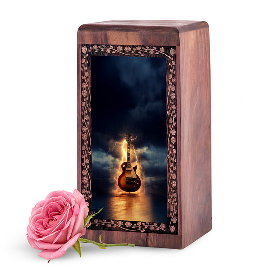 Thunder Lightning Guitar Theme Urn - Wooden Urns For Adult Ashes