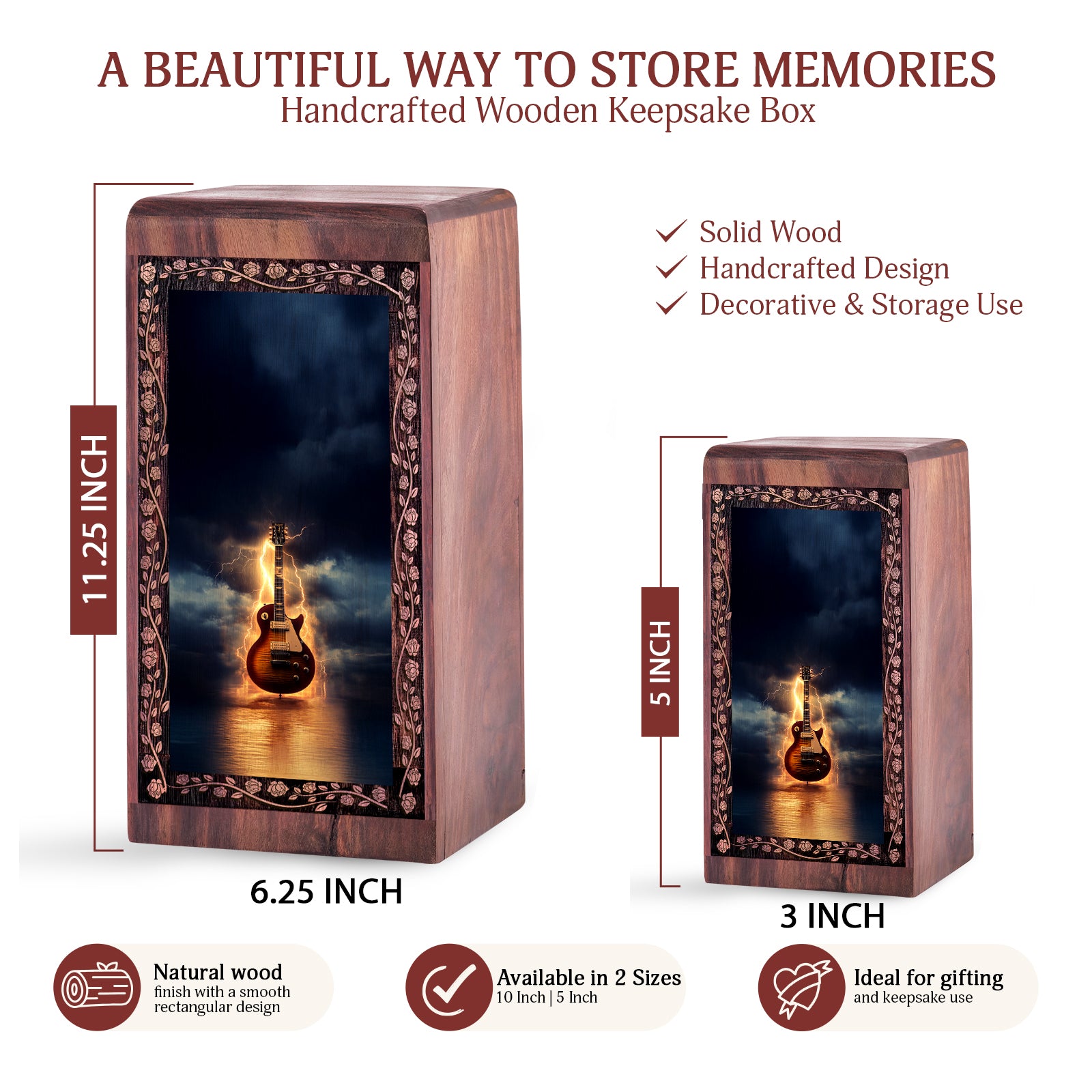 Thunder Lightning Guitar Theme Urn - Wooden Urns For Adult Ashes