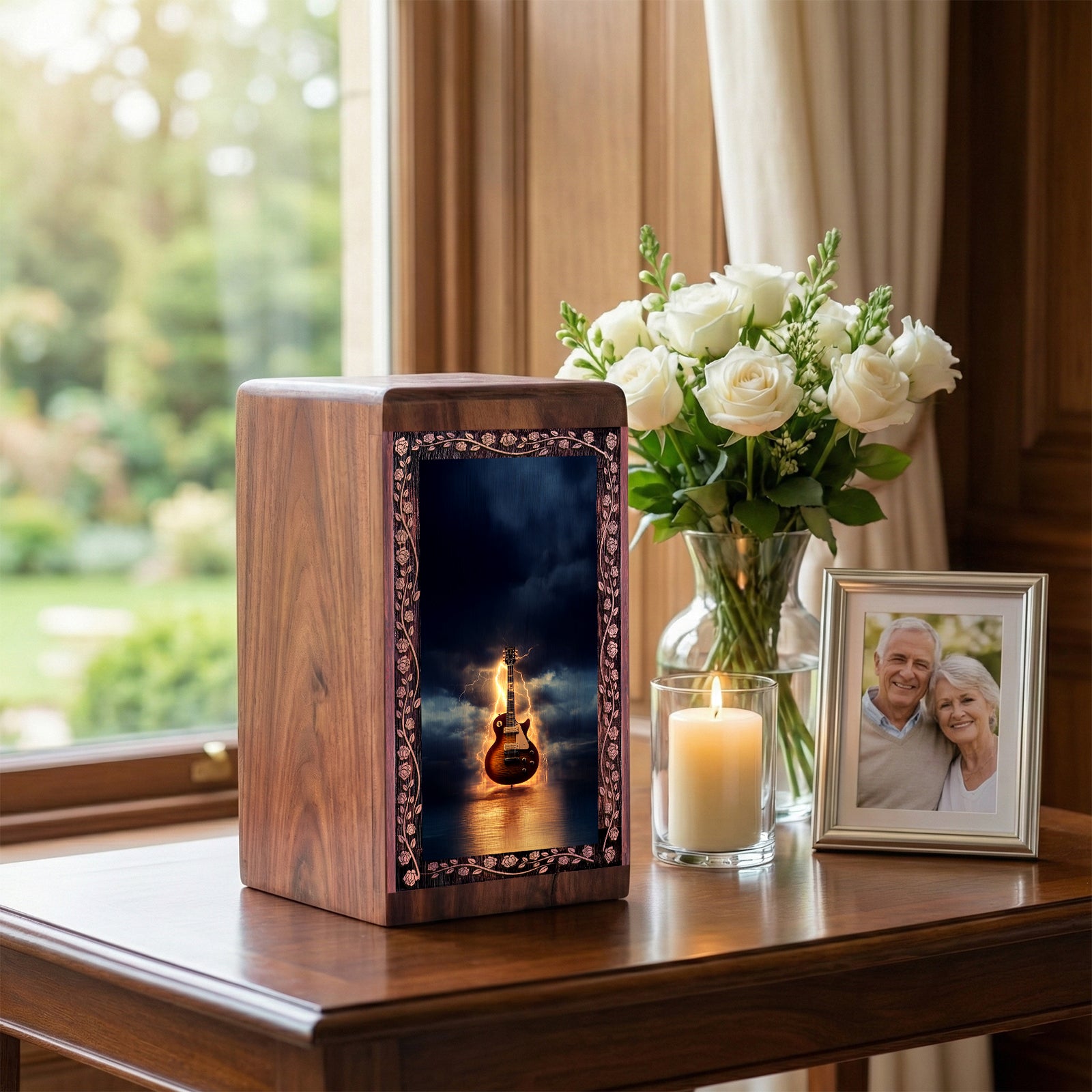 Thunder Lightning Guitar Theme Urn - Wooden Urns For Adult Ashes
