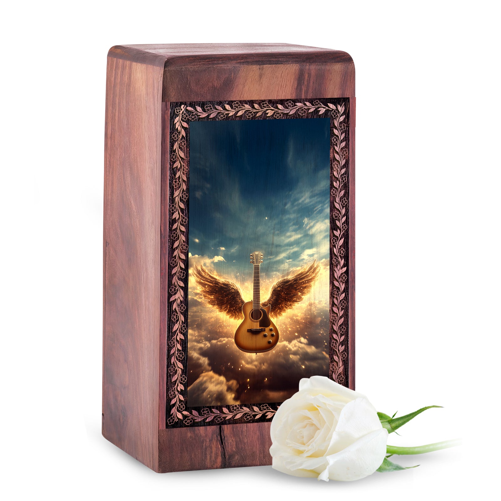 Wooden Memorial Guitar Urn With Cloudy Sky Theme - Wooden Keepsake Cremation Urn