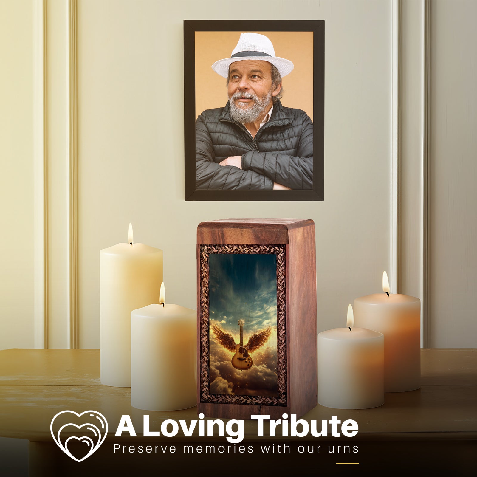 Wooden Memorial Guitar Urn With Cloudy Sky Theme - Wooden Keepsake Cremation Urn