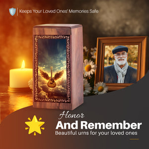 Wooden Memorial Guitar Urn With Cloudy Sky Theme - Wooden Keepsake Cremation Urn