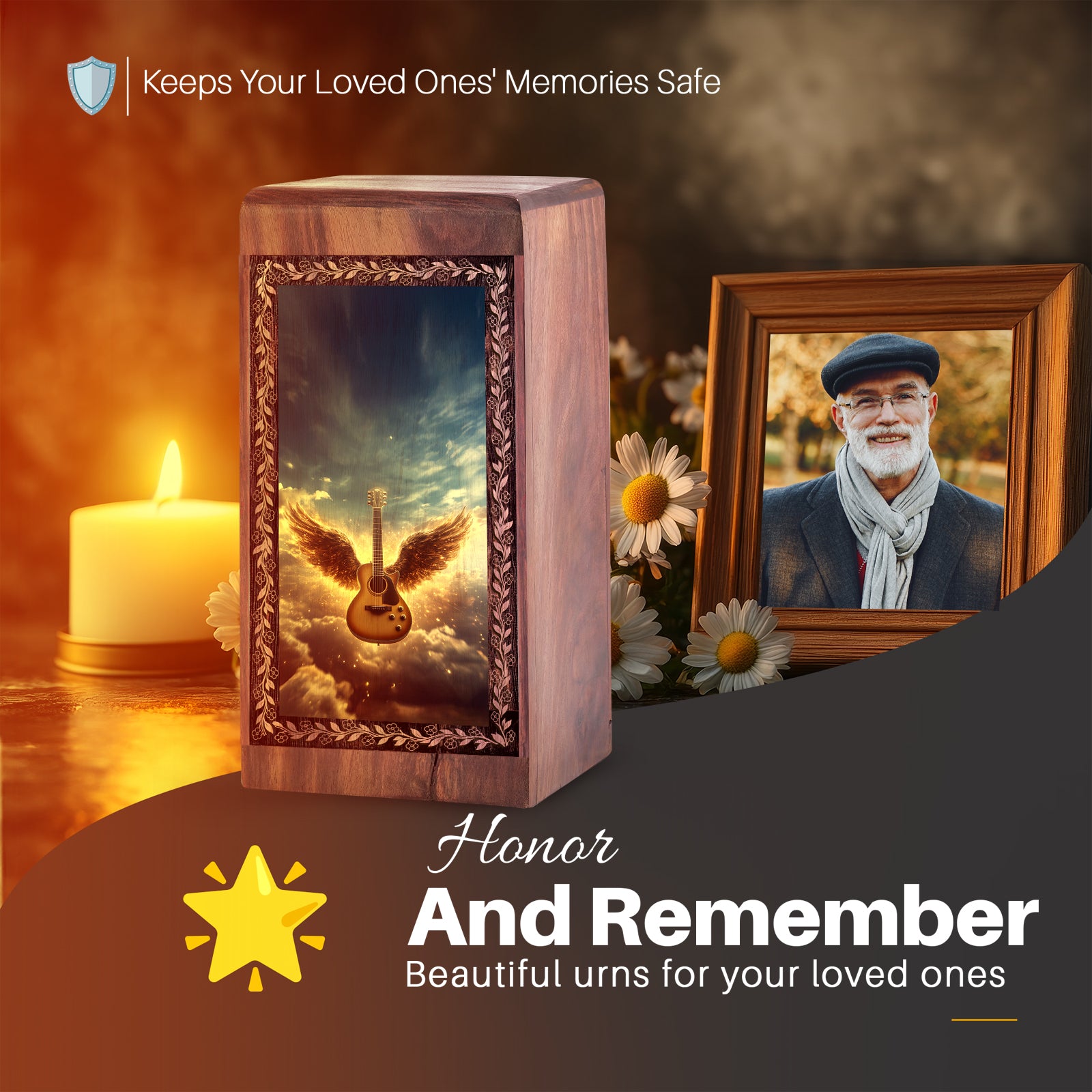 Wooden Memorial Guitar Urn With Cloudy Sky Theme - Wooden Keepsake Cremation Urn