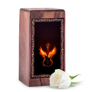 Wooden Memorial Urn With Fire Wings Theme - Handcrafted Phoenix Music Urn