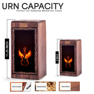 Wooden Memorial Urn With Fire Wings Theme - Handcrafted Phoenix Music Urn