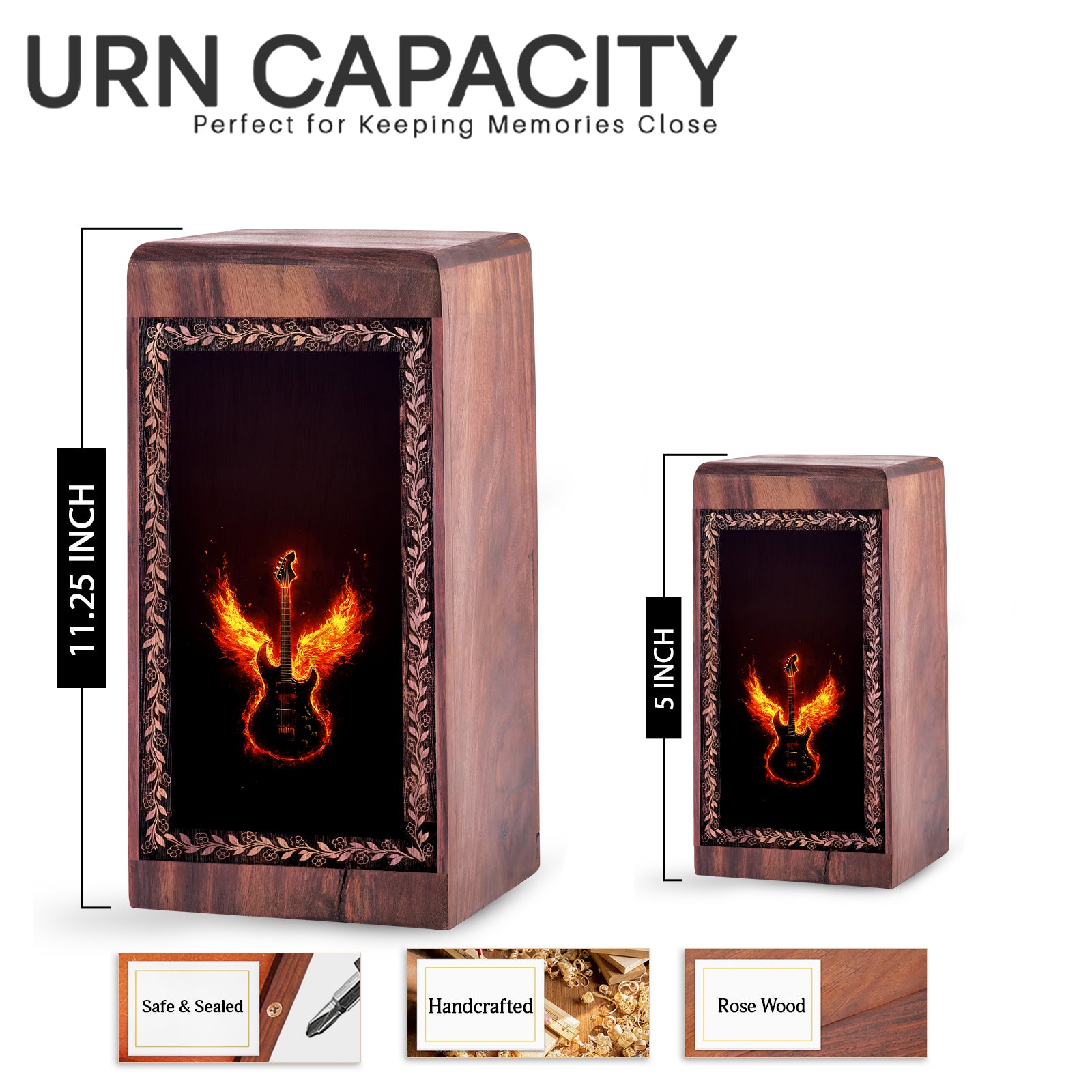 Wooden Memorial Urn With Fire Wings Theme - Handcrafted Phoenix Music Urn