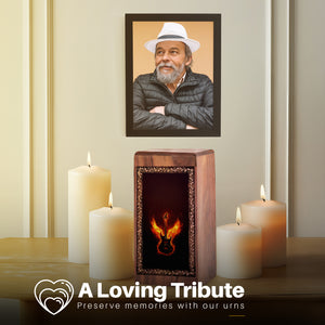 Wooden Memorial Urn With Fire Wings Theme - Handcrafted Phoenix Music Urn