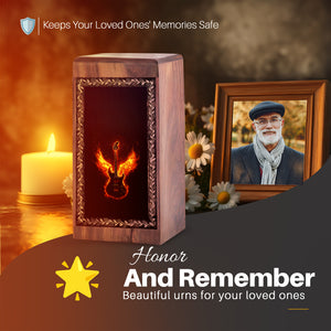 Wooden Memorial Urn With Fire Wings Theme - Handcrafted Phoenix Music Urn